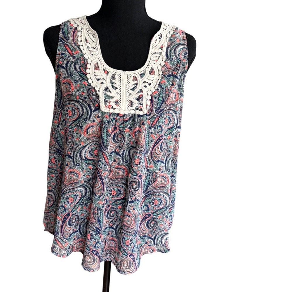 Collective Concepts Paisley Crochet Lace Trim Tank Top‎ Boho Festival Indie